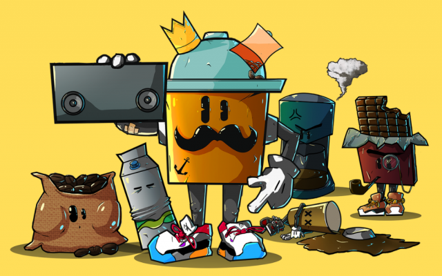 Mascotte Moka Tunes entourée de café, chocolat et enceintes